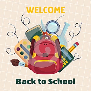 Colorful back to school illustration template with different studying supplies -bag paint palette and brush, book
