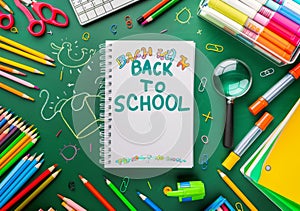 Colorful back to school supplies with a notebook and stationery on a green background