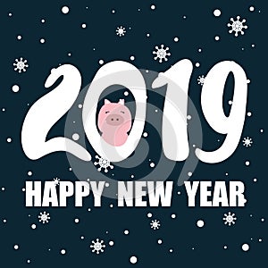 Colorful background with 2019, pig, snow. Happy New Year