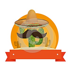Colorful background with animated sketch cactus with mexican hat and ribbon photo