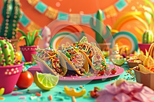 A colorful background with a banner and a table with four tacos and a pineapple with Generative AI