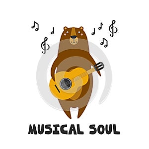 Colorful background with bear, music notes, english text. Musical soul. Decorative cute illustration with animal, guitar