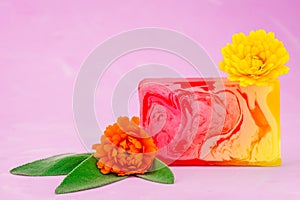 colorful background with  calendula flawer   soap