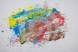 Colorful background of chalk powder. Multicolored dust particles splattered on white background