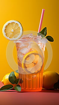 A colorful background complements a zesty lemonade cocktail in a plastic cup