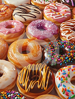 Colorful background with completely different glazed donuts lying close to each other. View from above. Toned. National