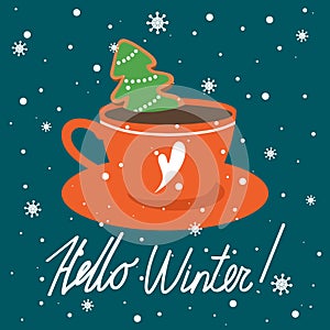 Colorful background, cup, gingerbread, snow. Decorative cute backdrop. Merry Christmas, festal greeting card. Hello winter