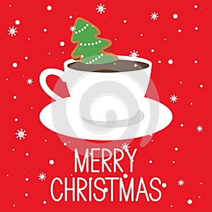 Colorful background with cup, gingerbread, snow and english text. Decorative cute backdrop. Merry Christmas, festal greeting card