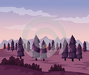 Colorful background with dawn landscape of valley with trees