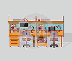 Colorful background double work place office interior with filing cabinet with books