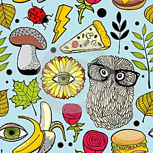 Colorful background with fast food and forest bird.