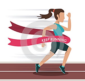 Colorful background with female athlete running in track and crossing the finish line