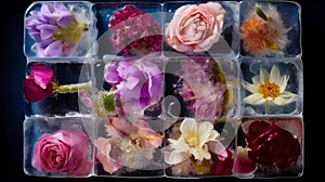 Colorful background with flowers frozen in ice cubes