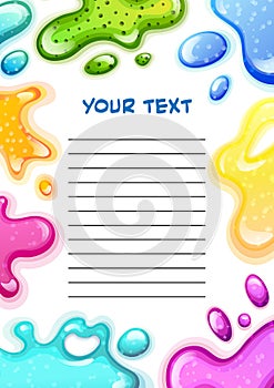 Colorful background frame with slime splashes, with copy space for text, children kids page vector
