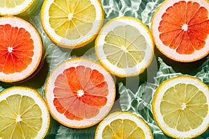 Colorful background of fruit citrus lemon, orange, grapefruit, slices in water splashing fresh transparent surface