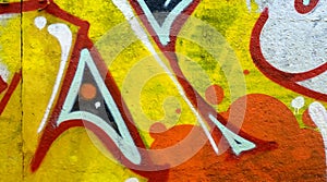 Colorful background of graffiti painting artwork with bright aerosol outlines on wall. Old school street art piece made