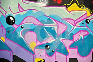 Colorful background of graffiti painting artwork with bright aerosol outlines on wall. Old school street art piece made