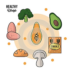 Colorful background of healthy lifestyle with set of food eggs broccoli avocado papaya bread cereals and mushroom