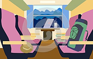 colorful background interior train with a passenger compartment and landscape scenary outside