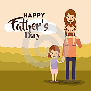 Colorful background landscape with girl in shoulders of dad and daughter of the hand on the fathers day