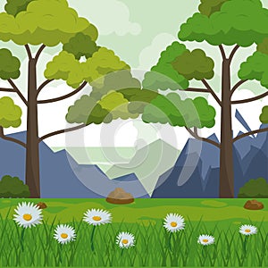 Colorful background with landscape of mountains trees and field with daisy flowers