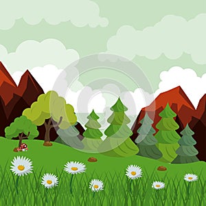 Colorful background with landscape of rocky mountains and trees and daisy flower field