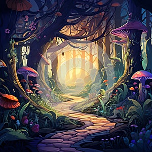 colorful background with magic forest. path, beautiful trees and mushrooms. fabulous, fantastic background