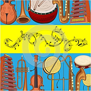 Colorful background with notes and musical instruments.