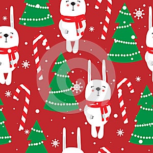 Colorful seamless pattern with rabbits, fir trees, candy canes, snow. Decorative cute background with animals. Happy New Year