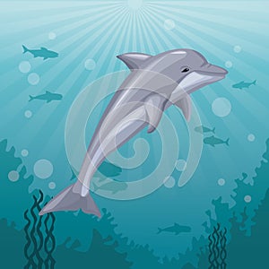 Colorful background sea landscape underwater marine life and mammal dolphin