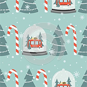 Colorful seamless pattern with snow globe, red bus, gifts, fir trees, candy canes. Decorative cute background. Happy New Year