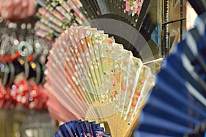 Colorful background texture of Japanese paper fans & umbrella