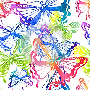 Colorful background with watercolor butterfly, seamless pattern