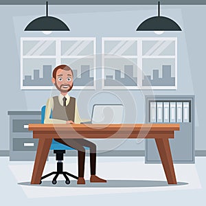 Colorful background workplace office with executive man sitting in a table desk in front of computer