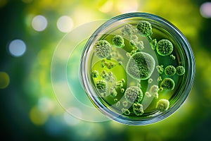 Colorful bacteria in petri dish under microscope