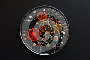 Colorful bacterial colonies in a petri dish against a black background,microbiological growth. themes of connectivity