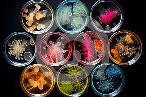 Colorful bacterial colonies thriving in a lab dish. Generative AI photo
