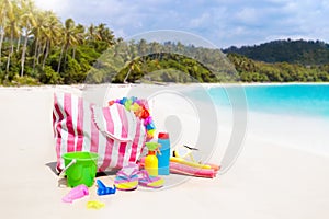 Beach bag with swimming accessories. Sea vacation.