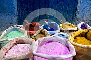 Colorful bags of dyes in chefchaouen morocco