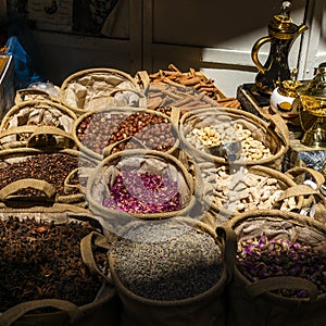 Colorful bags of spices on sale in the traditional Jerusalem Shuk (Market) in the Old City