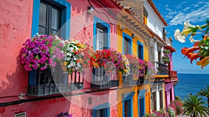 Colorful Balconies Overlooking the Sea with Vibrant Flowers