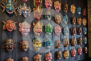 colorful balinese masks displayed on a wall