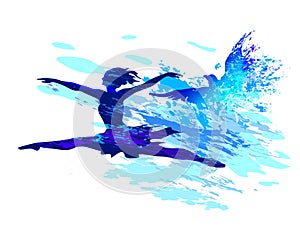 Colorful ballet dancer jumping , digital painting with flying birds