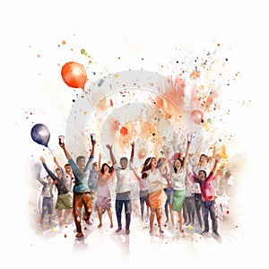 Colorful Balloon Crowd Party: Expressive Watercolor Illustration