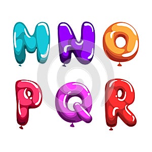 Colorful balloons alphabet. M,N,O,P,Q,R creative cartoon glossy letters alphabetical font vector illustration