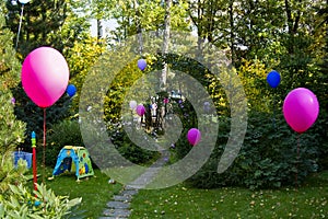 Colorful balloons in the backyard, countryside
