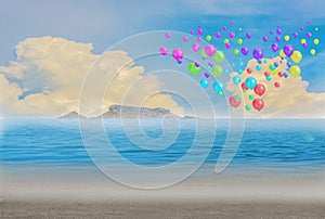 Colorful balloons on the beach, blue sky and islands.