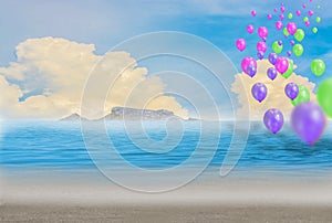 Colorful balloons on the beach, blue sky and islands.