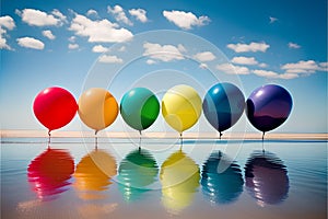 Colorful balloons on the beach over blue sky and water reflection.