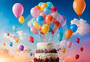 colorful balloons are being flown above a cake with dramatic colorful sky background